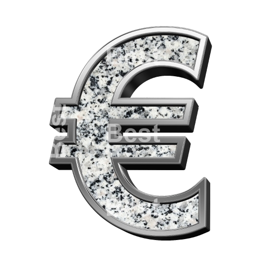Euro sign from granite with silver frame alphabet set isolated over white.