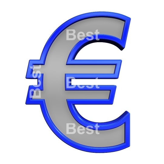 Euro sign from gray glass with blue frame alphabet set, isolated on white. 