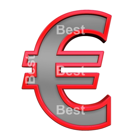 Euro sign from gray glass with red frame alphabet set, isolated on white. 