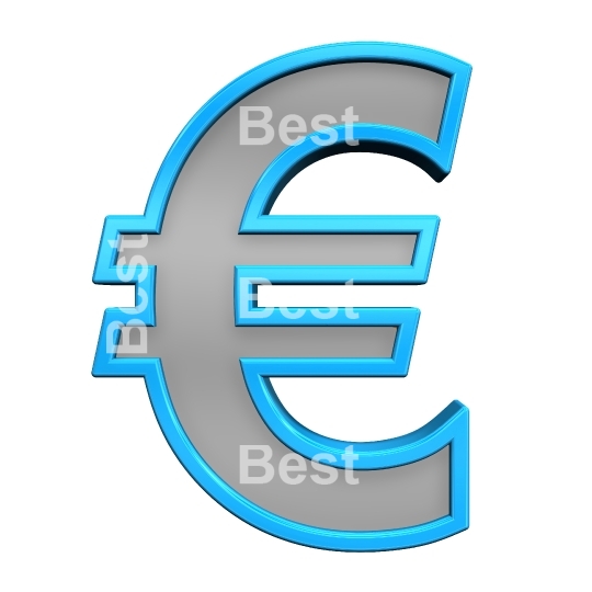 Euro sign from gray with blue frame alphabet set, isolated on white. 