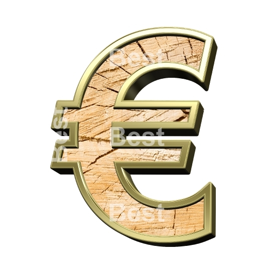 Euro sign from pine wood with gold frame alphabet set isolated over white.
