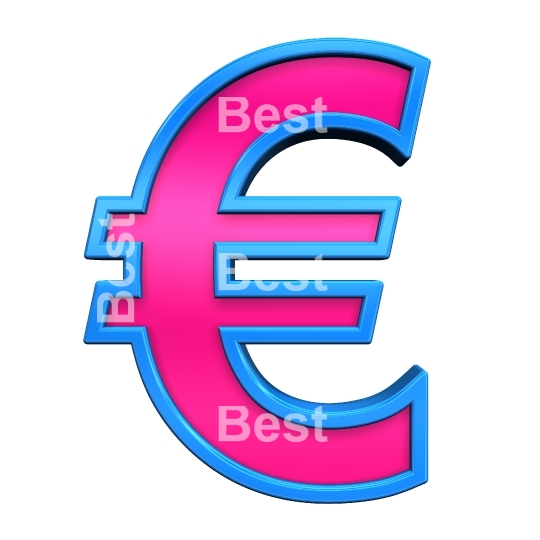 Euro sign from pink with blue frame alphabet set, isolated on white
