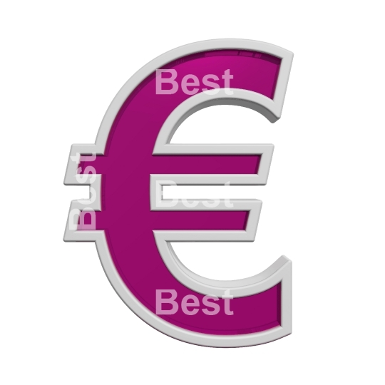Euro sign from purple glass with white frame alphabet set, isolated on white. 