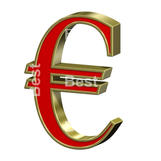 Euro sign from red with gold frame Roman alphabet set, isolated on white