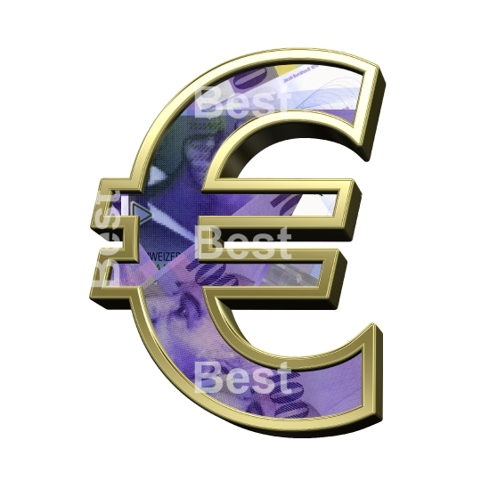 Euro sign from Swiss franc bill with gold frame alphabet set, isolated on white.