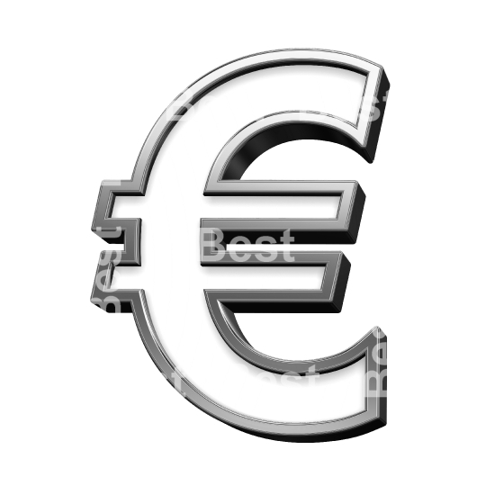 Euro sign from white with silver shiny frame alphabet set, isolated on white.