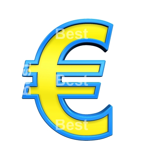 Euro sign from yellow glass with blue frame alphabet set, isolated on white. 