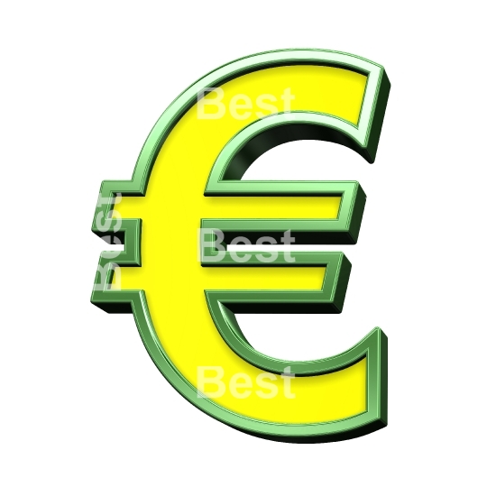 Euro sign from yellow with shiny green frame alphabet set, isolated on white. 