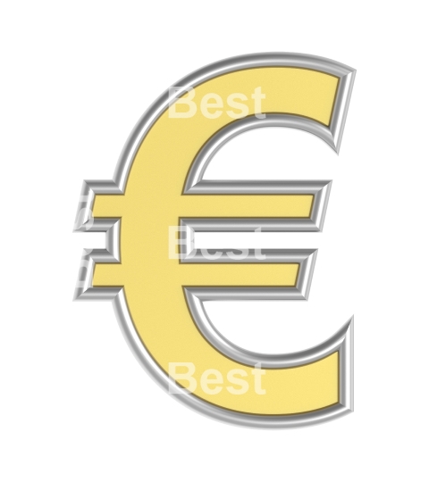 Euro sign from yellow with silver shiny frame alphabet set, isolated on white