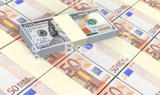 European currency bills stacks with american dollars background