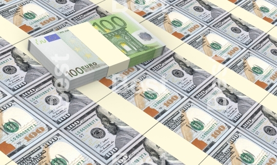 European currency bills stacks with american dollars background