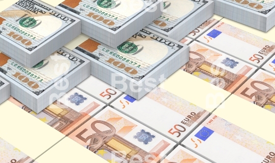European currency bills stacks with american dollars background