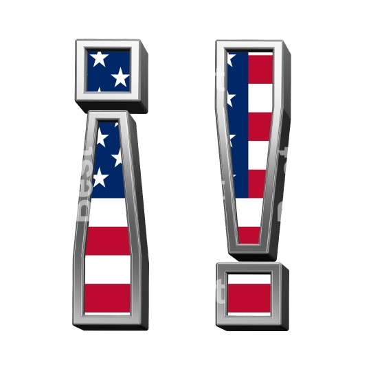 Exclamation mark from american flag alphabet set isolated over white.