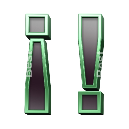 Exclamation mark from black glass with green frame alphabet set, isolated on white. 