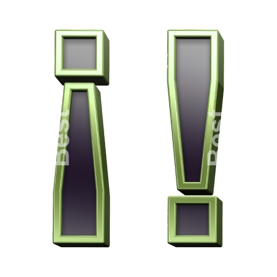 Exclamation mark from black glass with green frame alphabet set, isolated on white.