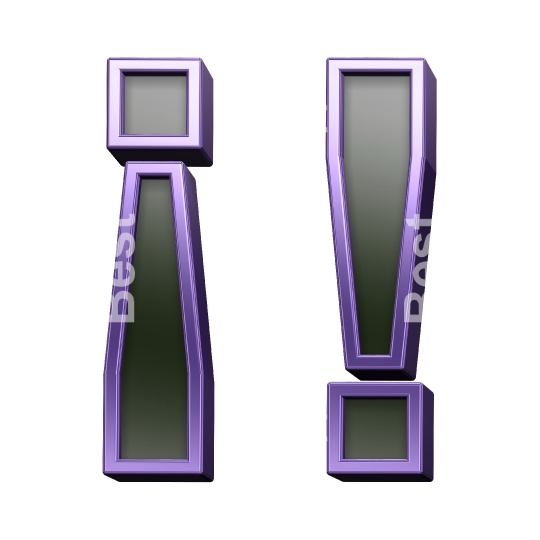 Exclamation mark from black glass with purple frame alphabet set, isolated on white.