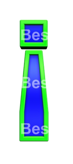 Exclamation mark from blue glass with green frame alphabet set, isolated on white. 