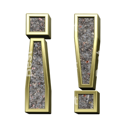 Exclamation mark from corroded steel with gold frame alphabet set, isolated on white.