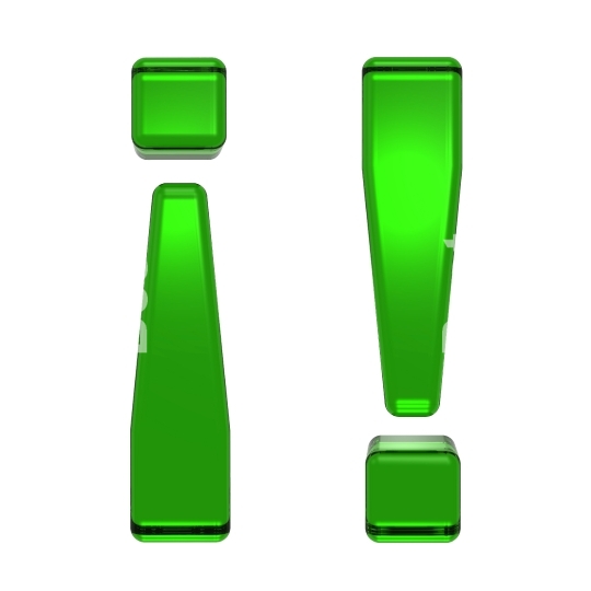 Exclamation mark from emerald alphabet set, isolated on white.