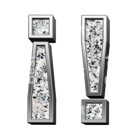 Exclamation mark from granite with silver frame alphabet set isolated over white.