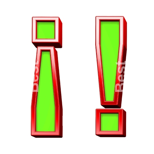 Exclamation mark from green with shiny red frame alphabet set, isolated on white. 