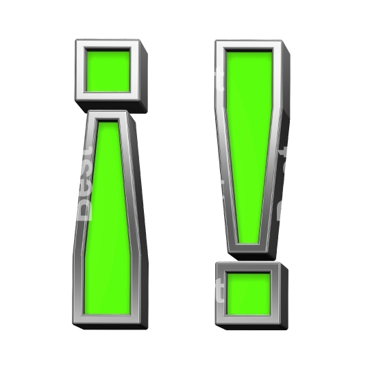 Exclamation mark from green with shiny silver frame alphabet set, isolated on white.