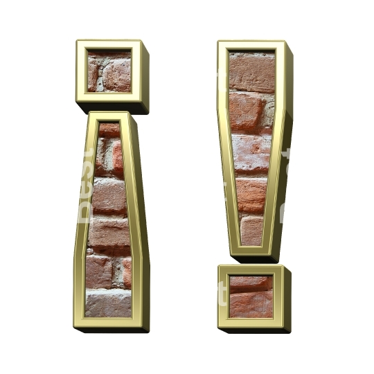 Exclamation mark from old brick with gold frame alphabet set, isolated on white.
