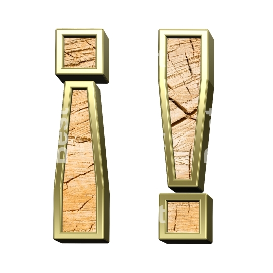 Exclamation mark from pine wood with gold frame alphabet set isolated over white. 