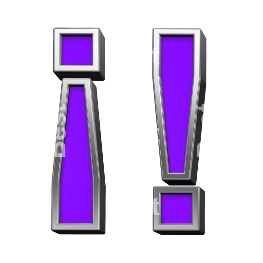 Exclamation mark from violet with shiny silver frame alphabet set, isolated on white.