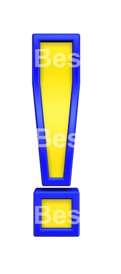 Exclamation mark from yellow with blue frame alphabet set, isolated on white. 