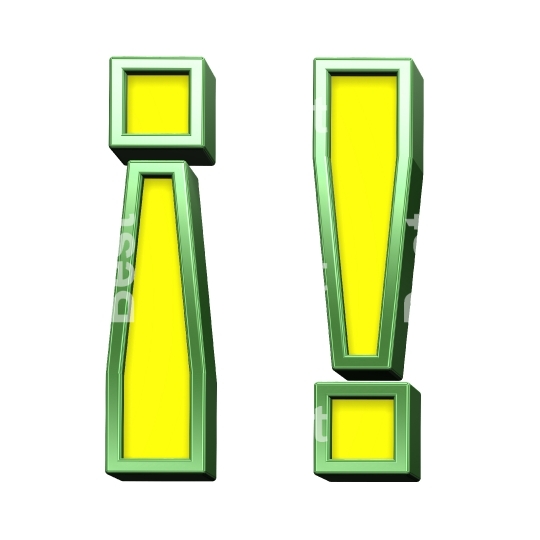 Exclamation mark from yellow with shiny green frame alphabet set, isolated on white. 