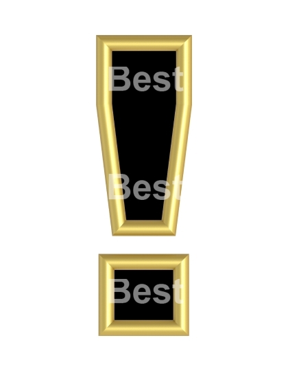 Exclamation mark sign from black with gold shiny frame alphabet set, isolated on white