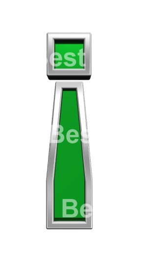 Exclamation mark sign from green glass with chrome frame alphabet set, isolated on white.