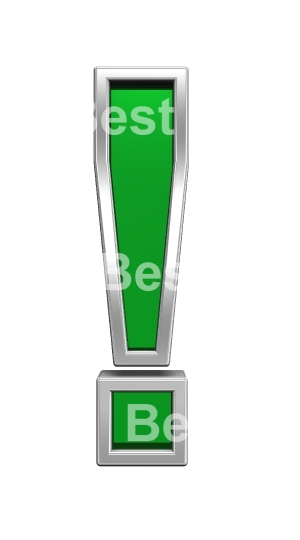 Exclamation mark sign from green glass with chrome frame alphabet set, isolated on white.