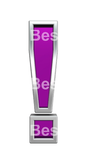 Exclamation mark sign from purple glass with chrome frame alphabet set, isolated on white.