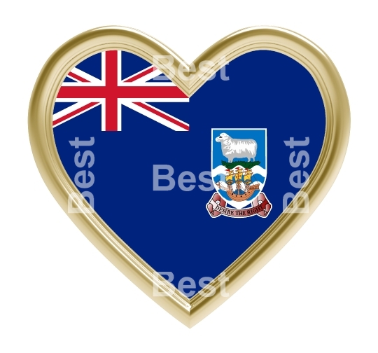 Falkland Islands flag in gold heart isolated on white background.