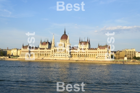 Famous building of Hungarian Parliament along the Danube River in Budapest