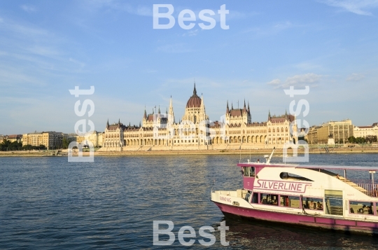 Famous building of Hungarian Parliament along the Danube River in Budapest