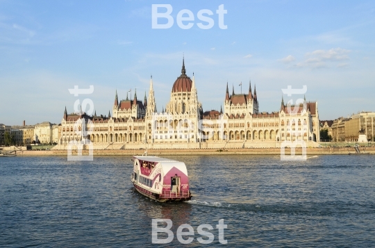 Famous building of Hungarian Parliament along the Danube River in Budapest