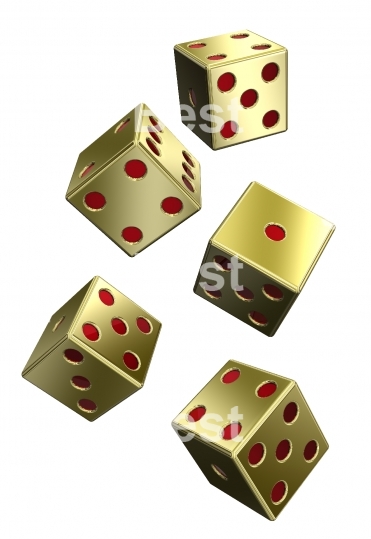 Five gold dices isolated on white. 