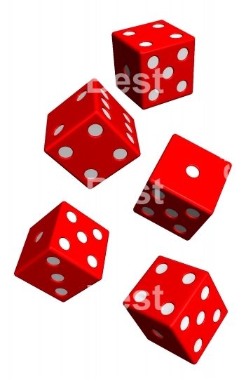 Five red dices isolated on white. 