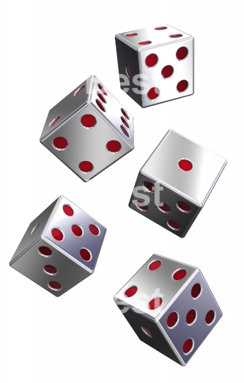 Five silver dices isolated on white.