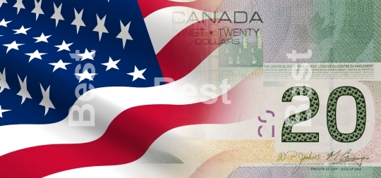 Flag of the United States with Canadian money