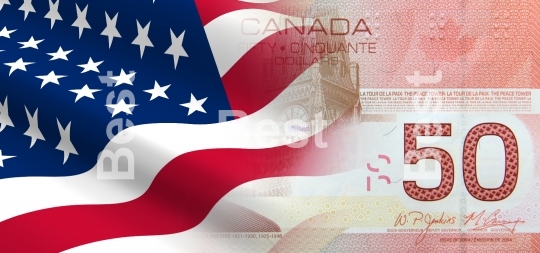 Flag of the United States with Canadian money