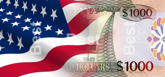 Flag of the United States with Guyanese money