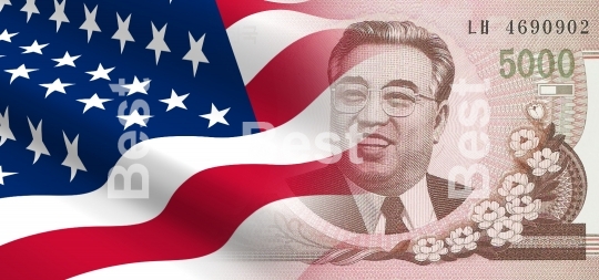Flag of the United States with North Korean money