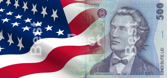 Flag of the United States with Romanian money