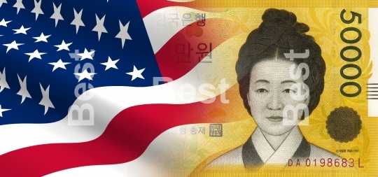 Flag of the United States with South Korean money