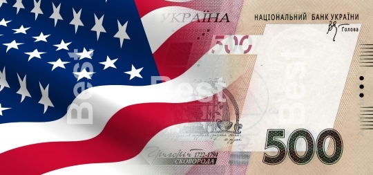 Flag of the United States with Ukrainian money