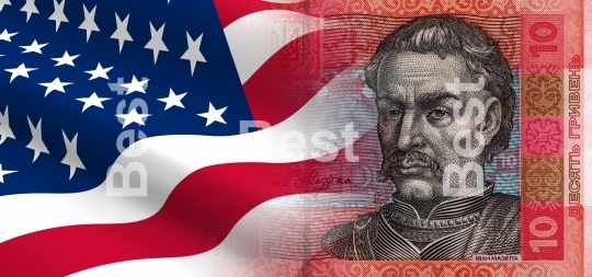 Flag of the United States with Ukrainian money